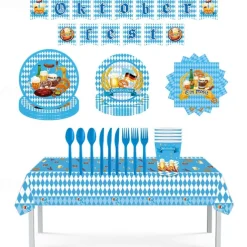 118 pcs Oktoberfest Party Supplies 16pcs 9 Dinner Plates 16pcs 7 Dessert Plates 16 Cups 1 Table Cover 20 Lunch Napkins 1 Banner and 48 pcs Knife Fork and Spoon