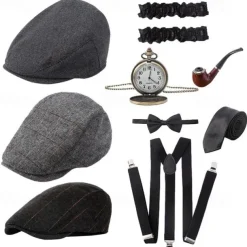 7 Pcs 1920s Gangster Costume Men Gatsby Beret Hat Retro Pocket Watch Y-Back Suspenders Tie Armbands Manhattan Mens Costume Accessories