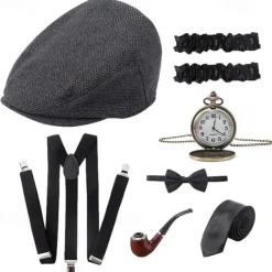 7 Pcs 1920s Gangster Costume Men Gatsby Beret Hat Retro Pocket Watch Y-Back Suspenders Tie Armbands Manhattan Mens Costume Accessories