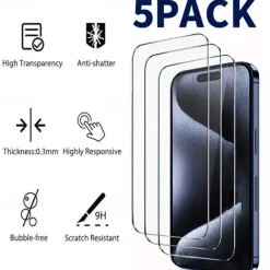 5 pcs Screen Protector For Apple iPhone 16 iPhone 15 14 Pro Max Tempered Glass 9H Hardness Anti-Fingerprint High Definition Explosion Proof 3D Touch Compatible