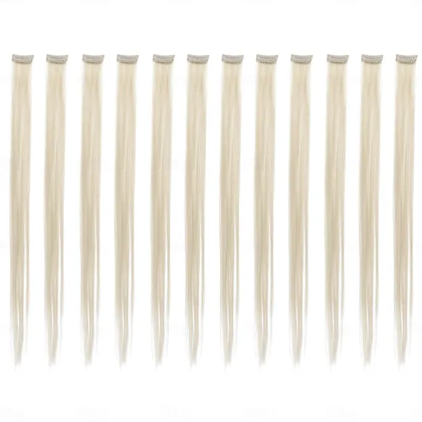 12 Pcs Straight One Color Party Highlights Clip on in Hair Extensions Colored Hair Streak Synthetic Hairpieces