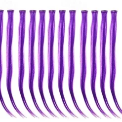 12 Pcs Straight One Color Party Highlights Clip on in Hair Extensions Colored Hair Streak Synthetic Hairpieces