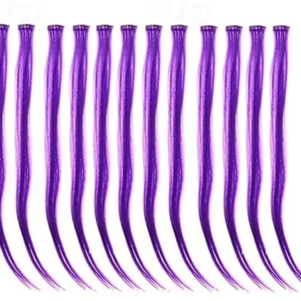 12 Pcs Straight One Color Party Highlights Clip on in Hair Extensions Colored Hair Streak Synthetic Hairpieces