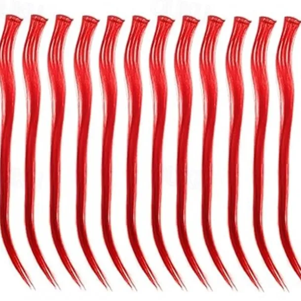 12 Pcs Straight One Color Party Highlights Clip on in Hair Extensions Colored Hair Streak Synthetic Hairpieces
