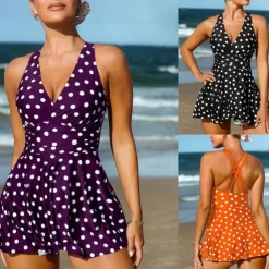 1 pcs Swimwear One-Piece Swimsuits Retro Vintage 1950s Women's Polka Dot Polyester Black Blue Dress