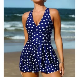1 pcs Swimwear One-Piece Swimsuits Retro Vintage 1950s Women's Polka Dot Polyester Black Blue Dress