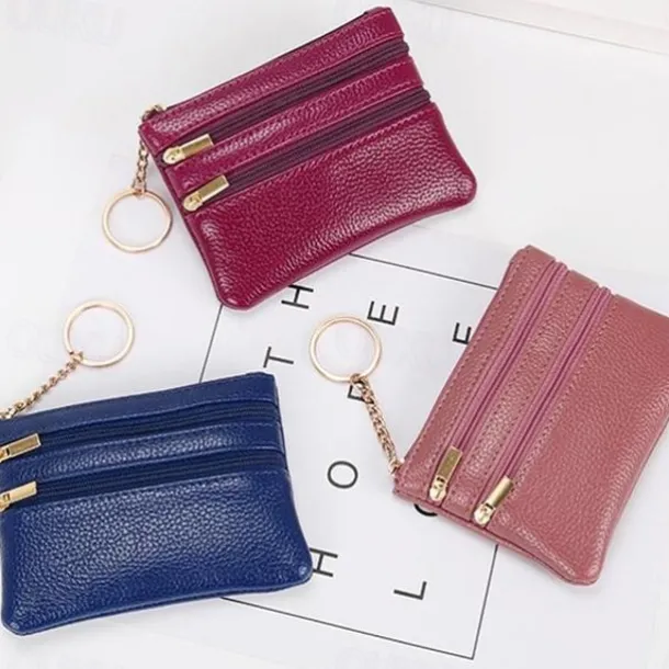 1 Pcs Women Men Leather Coin Purse Card Wallet Clutch Double Zipper Mini Change Bag