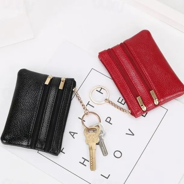 1 Pcs Women Men Leather Coin Purse Card Wallet Clutch Double Zipper Mini Change Bag
