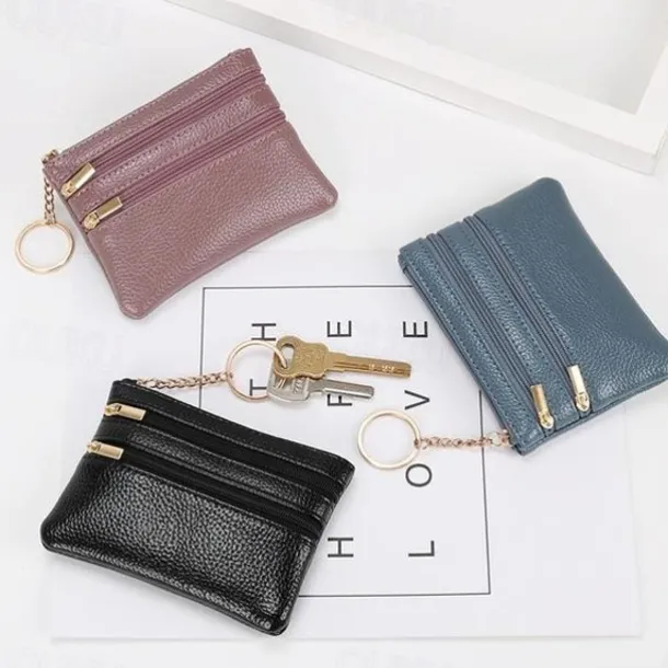 1 Pcs Women Men Leather Coin Purse Card Wallet Clutch Double Zipper Mini Change Bag