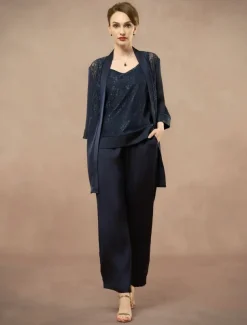 3 Piece Mother of the Bride Pantsuit Metalic Floral Lace Applique Elegant Minimalist V Neck Ankle Length Lace 3/4 Length Sleeve Jacket2025