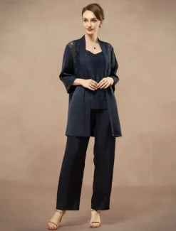 3 Piece Mother of the Bride Pantsuit Metalic Floral Lace Applique Elegant Minimalist V Neck Ankle Length Lace 3/4 Length Sleeve Jacket2025