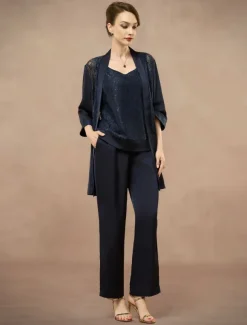 3 Piece Mother of the Bride Pantsuit Metalic Floral Lace Applique Elegant Minimalist V Neck Ankle Length Lace 3/4 Length Sleeve Jacket2025