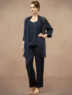 3 Piece Mother of the Bride Pantsuit Metalic Floral Lace Applique Elegant Minimalist V Neck Ankle Length Lace 3/4 Length Sleeve Jacket2025