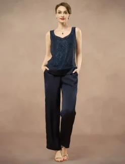 3 Piece Mother of the Bride Pantsuit Metalic Floral Lace Applique Elegant Minimalist V Neck Ankle Length Lace 3/4 Length Sleeve Jacket2025