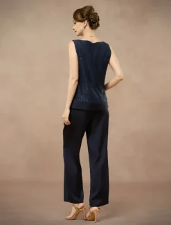 3 Piece Mother of the Bride Pantsuit Metalic Floral Lace Applique Elegant Minimalist V Neck Ankle Length Lace 3/4 Length Sleeve Jacket2025