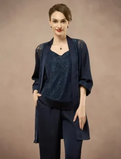 3 Piece Mother of the Bride Pantsuit Metalic Floral Lace Applique Elegant Minimalist V Neck Ankle Length Lace 3/4 Length Sleeve Jacket2025