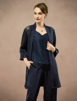 3 Piece Mother of the Bride Pantsuit Metalic Floral Lace Applique Elegant Minimalist V Neck Ankle Length Lace 3/4 Length Sleeve Jacket2025