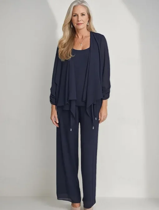 3 Piece Mother of the Bride Pantsuits Elegant Simple Luxurious Square Neck Floor Length Chiffon 3/4 Length Gathered Sleeve with Crystals Cascading Ruffles