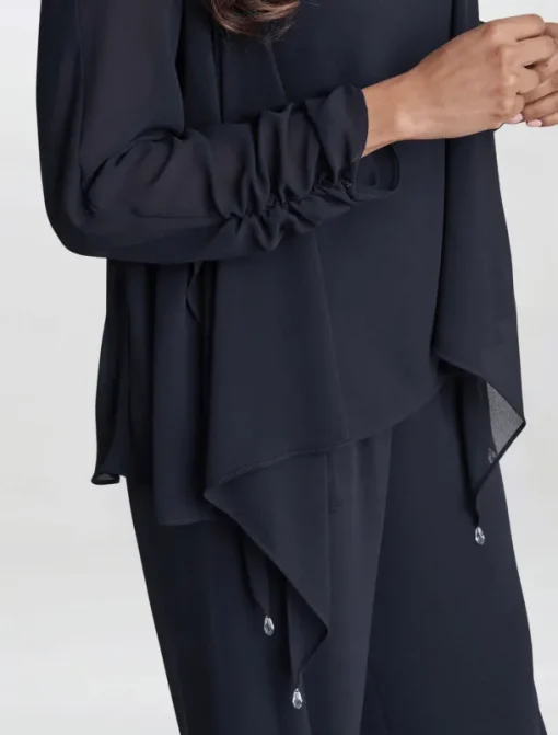 3 Piece Mother of the Bride Pantsuits Elegant Simple Luxurious Square Neck Floor Length Chiffon 3/4 Length Gathered Sleeve with Crystals Cascading Ruffles