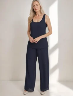 3 Piece Mother of the Bride Pantsuits Elegant Simple Luxurious Square Neck Floor Length Chiffon 3/4 Length Gathered Sleeve with Crystals Cascading Ruffles
