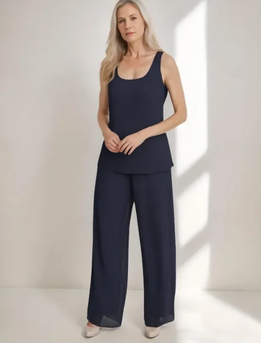3 Piece Mother of the Bride Pantsuits Elegant Simple Luxurious Square Neck Floor Length Chiffon 3/4 Length Gathered Sleeve with Crystals Cascading Ruffles
