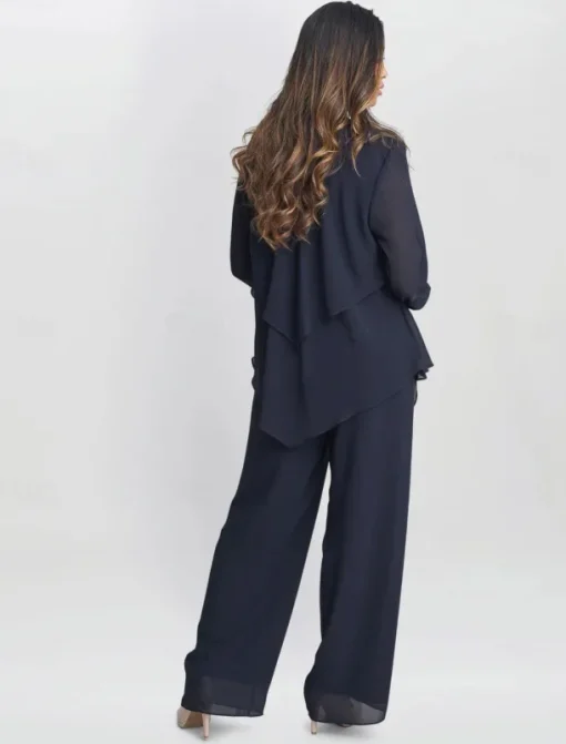 3 Piece Mother of the Bride Pantsuits Elegant Simple Luxurious Square Neck Floor Length Chiffon 3/4 Length Gathered Sleeve with Crystals Cascading Ruffles