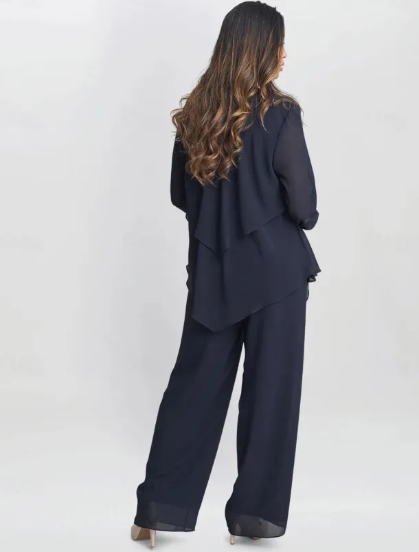 3 Piece Mother of the Bride Pantsuits Elegant Simple Luxurious Square Neck Floor Length Chiffon 3/4 Length Gathered Sleeve with Crystals Cascading Ruffles