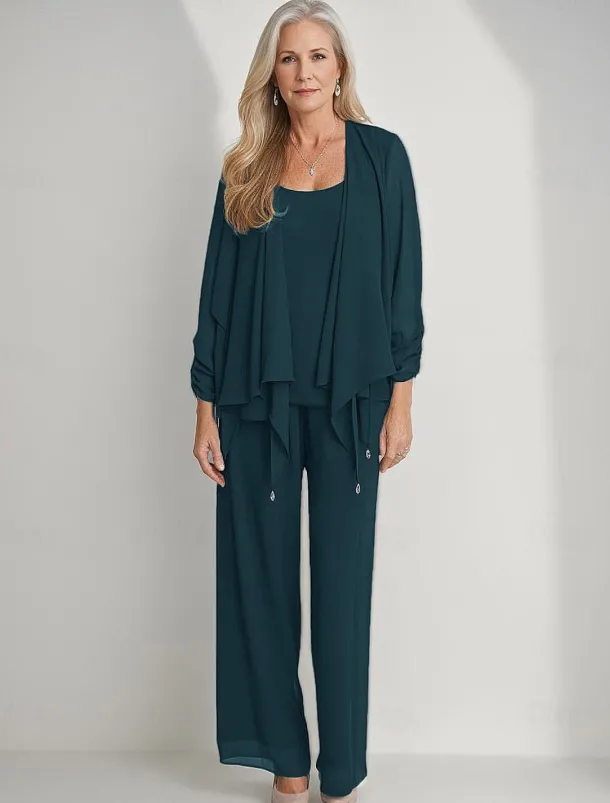 3 Piece Mother of the Bride Pantsuits Elegant Simple Luxurious Square Neck Floor Length Chiffon 3/4 Length Gathered Sleeve with Crystals Cascading Ruffles