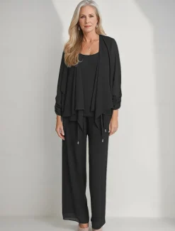 3 Piece Mother of the Bride Pantsuits Elegant Simple Luxurious Square Neck Floor Length Chiffon 3/4 Length Gathered Sleeve with Crystals Cascading Ruffles