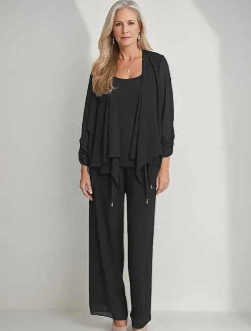 3 Piece Mother of the Bride Pantsuits Elegant Simple Luxurious Square Neck Floor Length Chiffon 3/4 Length Gathered Sleeve with Crystals Cascading Ruffles
