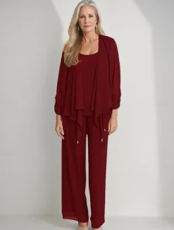 3 Piece Mother of the Bride Pantsuits Elegant Simple Luxurious Square Neck Floor Length Chiffon 3/4 Length Gathered Sleeve with Crystals Cascading Ruffles