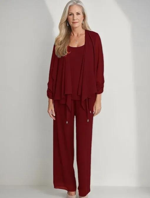 3 Piece Mother of the Bride Pantsuits Elegant Simple Luxurious Square Neck Floor Length Chiffon 3/4 Length Gathered Sleeve with Crystals Cascading Ruffles