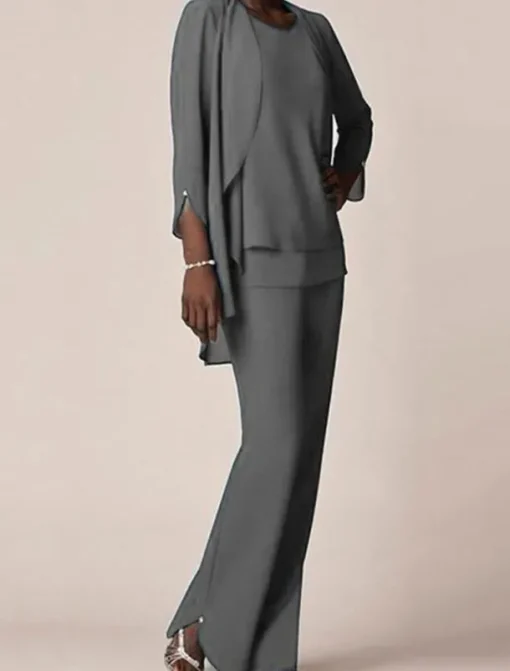 3 piece Pantsuit Mother of the Bride Wedding Guest Elegant V Neck Floor Length Chiffon 3/4 Length Sleeve with Ruffles free custom size