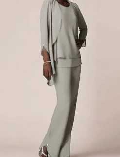 3 piece Pantsuit Mother of the Bride Wedding Guest Elegant V Neck Floor Length Chiffon 3/4 Length Sleeve with Ruffles free custom size
