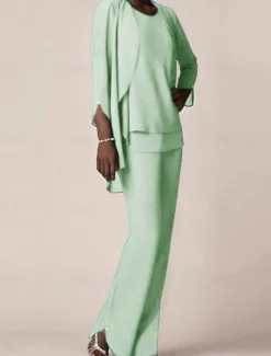 3 piece Pantsuit Mother of the Bride Wedding Guest Elegant V Neck Floor Length Chiffon 3/4 Length Sleeve with Ruffles free custom size