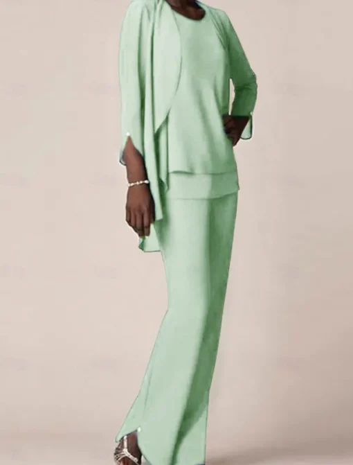 3 piece Pantsuit Mother of the Bride Wedding Guest Elegant V Neck Floor Length Chiffon 3/4 Length Sleeve with Ruffles free custom size