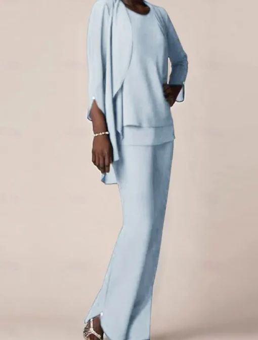 3 piece Pantsuit Mother of the Bride Wedding Guest Elegant V Neck Floor Length Chiffon 3/4 Length Sleeve with Ruffles free custom size