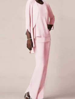 3 piece Pantsuit Mother of the Bride Wedding Guest Elegant V Neck Floor Length Chiffon 3/4 Length Sleeve with Ruffles free custom size