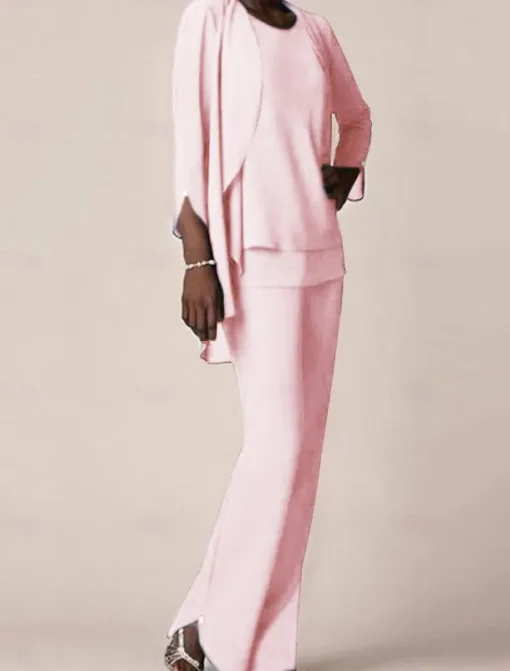 3 piece Pantsuit Mother of the Bride Wedding Guest Elegant V Neck Floor Length Chiffon 3/4 Length Sleeve with Ruffles free custom size