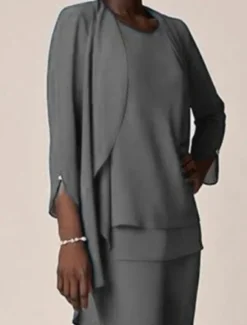 3 piece Pantsuit Mother of the Bride Wedding Guest Elegant V Neck Floor Length Chiffon 3/4 Length Sleeve with Ruffles free custom size
