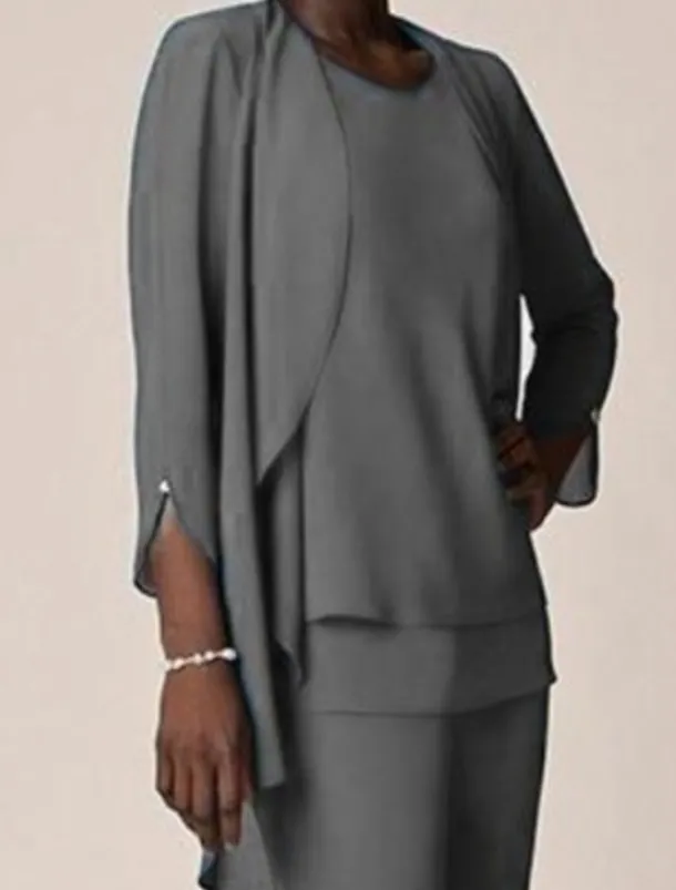 3 piece Pantsuit Mother of the Bride Wedding Guest Elegant V Neck Floor Length Chiffon 3/4 Length Sleeve with Ruffles free custom size