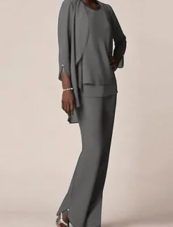 3 piece Pantsuit Mother of the Bride Wedding Guest Elegant V Neck Floor Length Chiffon 3/4 Length Sleeve with Ruffles free custom size