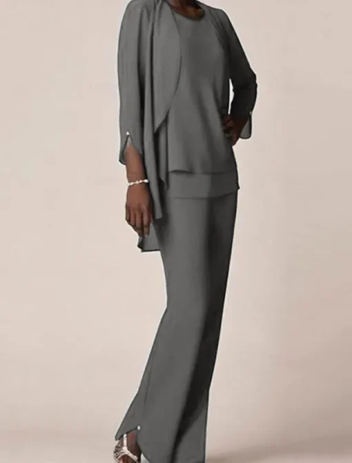 3 piece Pantsuit Mother of the Bride Wedding Guest Elegant V Neck Floor Length Chiffon 3/4 Length Sleeve with Ruffles free custom size