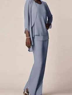 3 piece Pantsuit Mother of the Bride Wedding Guest Elegant V Neck Floor Length Chiffon 3/4 Length Sleeve with Ruffles free custom size