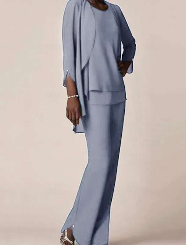 3 piece Pantsuit Mother of the Bride Wedding Guest Elegant V Neck Floor Length Chiffon 3/4 Length Sleeve with Ruffles free custom size