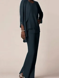 3 piece Pantsuit Mother of the Bride Wedding Guest Elegant V Neck Floor Length Chiffon 3/4 Length Sleeve with Ruffles free custom size