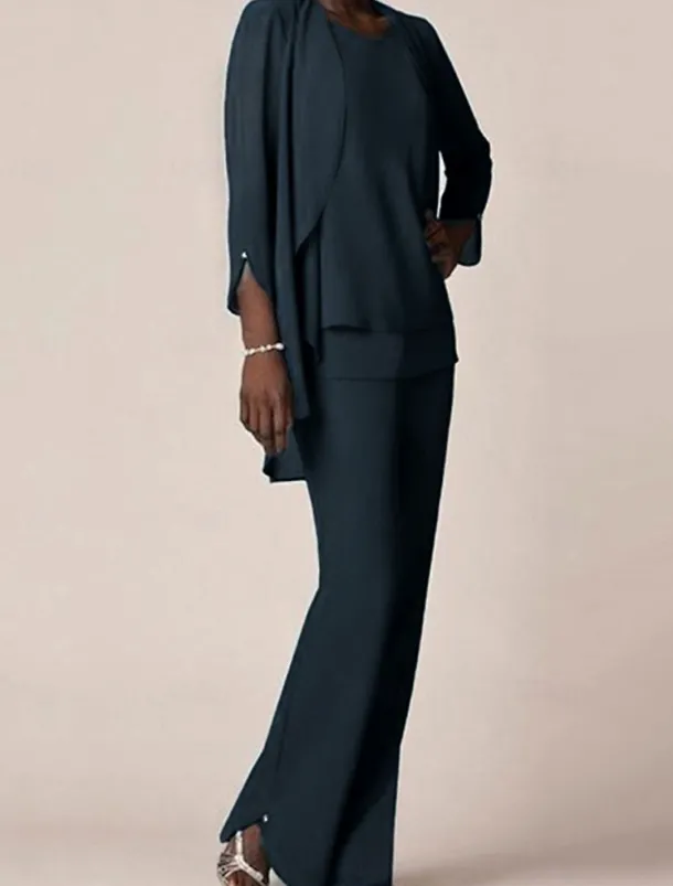 3 piece Pantsuit Mother of the Bride Wedding Guest Elegant V Neck Floor Length Chiffon 3/4 Length Sleeve with Ruffles free custom size