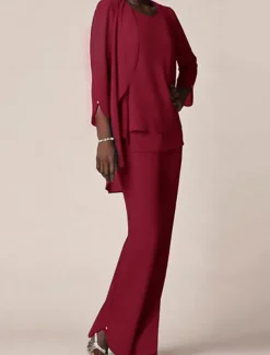 3 piece Pantsuit Mother of the Bride Wedding Guest Elegant V Neck Floor Length Chiffon 3/4 Length Sleeve with Ruffles free custom size