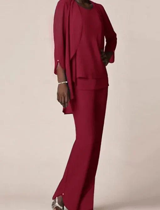 3 piece Pantsuit Mother of the Bride Wedding Guest Elegant V Neck Floor Length Chiffon 3/4 Length Sleeve with Ruffles free custom size