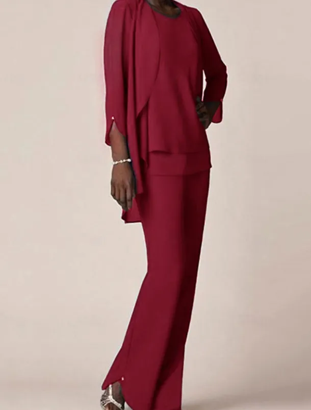 3 piece Pantsuit Mother of the Bride Wedding Guest Elegant V Neck Floor Length Chiffon 3/4 Length Sleeve with Ruffles free custom size